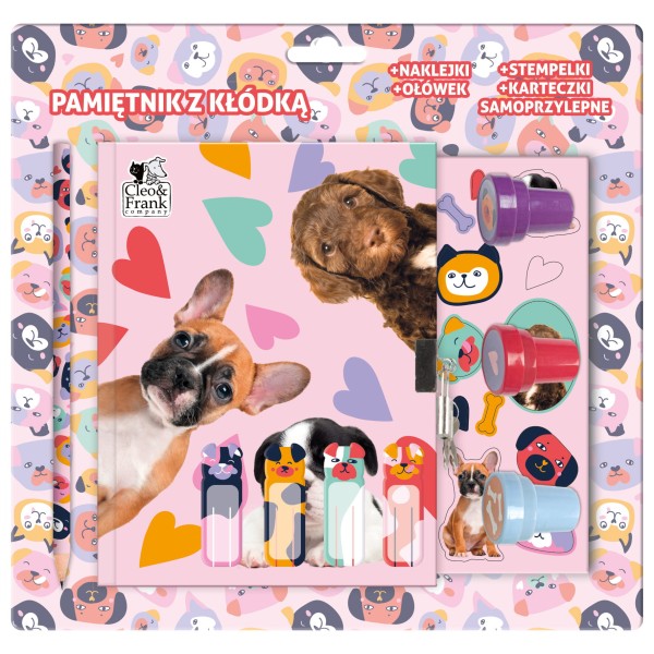 Pamiętnik z kłódką i stempelkami + zestaw przyborów Cleo i Frank 40 (Pies)