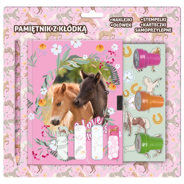 Pamiętnik z kłódką i stempelkami + zestaw przyborów Konie 24