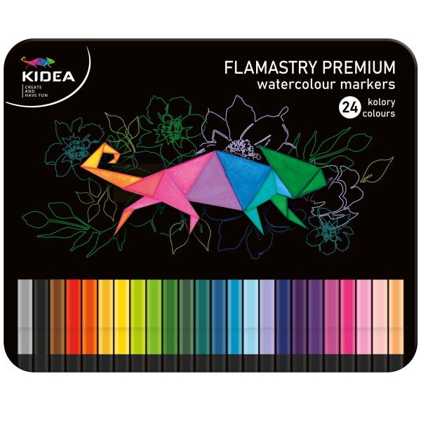 Flamastry kwadratowe w metalowym pudłeku 24 kolory Kidea